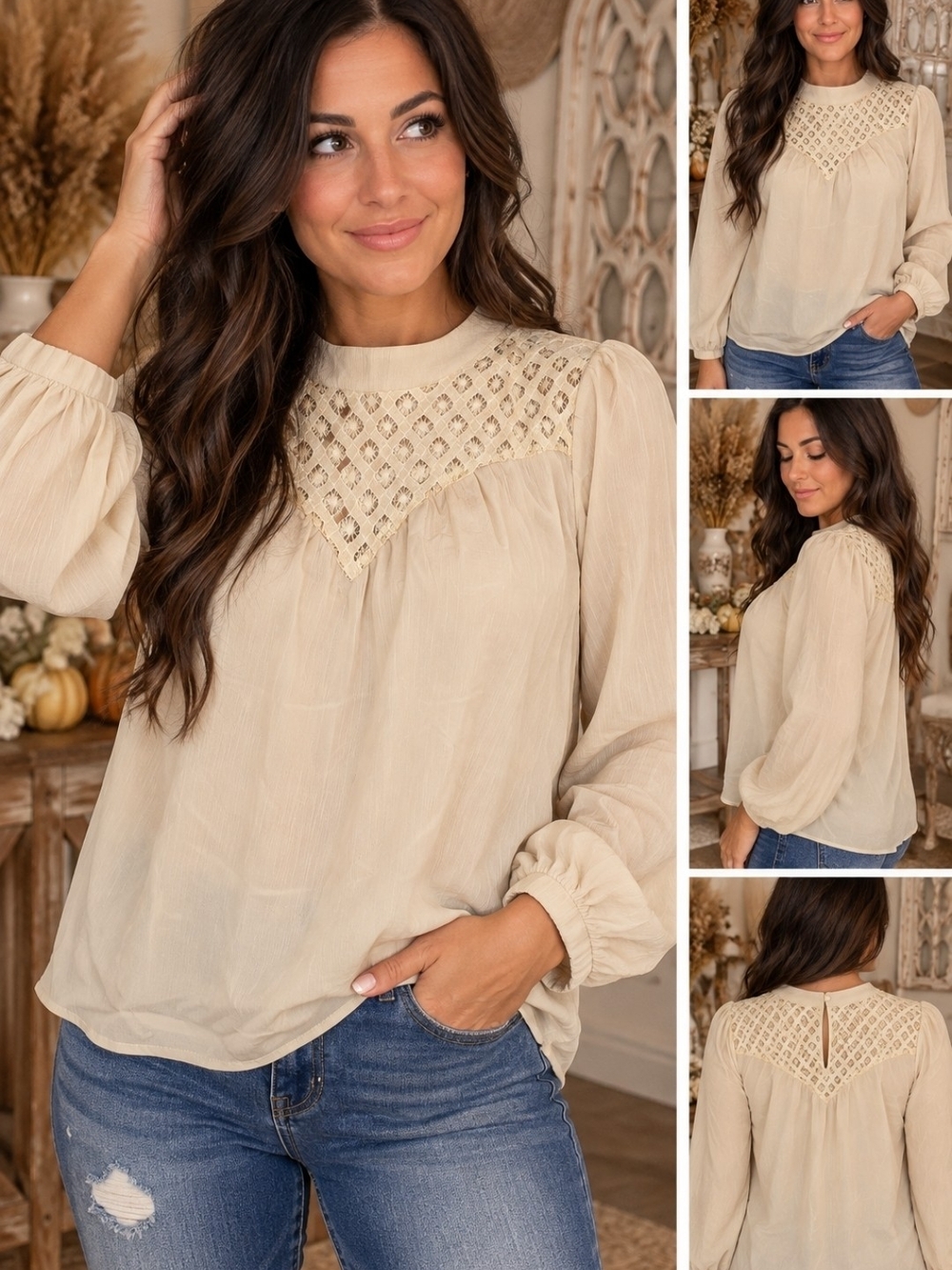 Cottagecore-Beige Crochet Yoke Long Sleeve Blouse - Women
